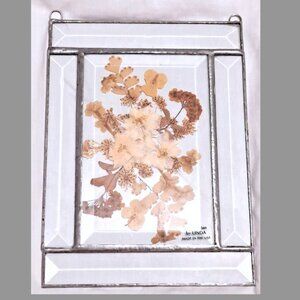 Pressed Dried Flower Art Floating Glass Pewter Frame Wall Window Hanging 8”x 6”